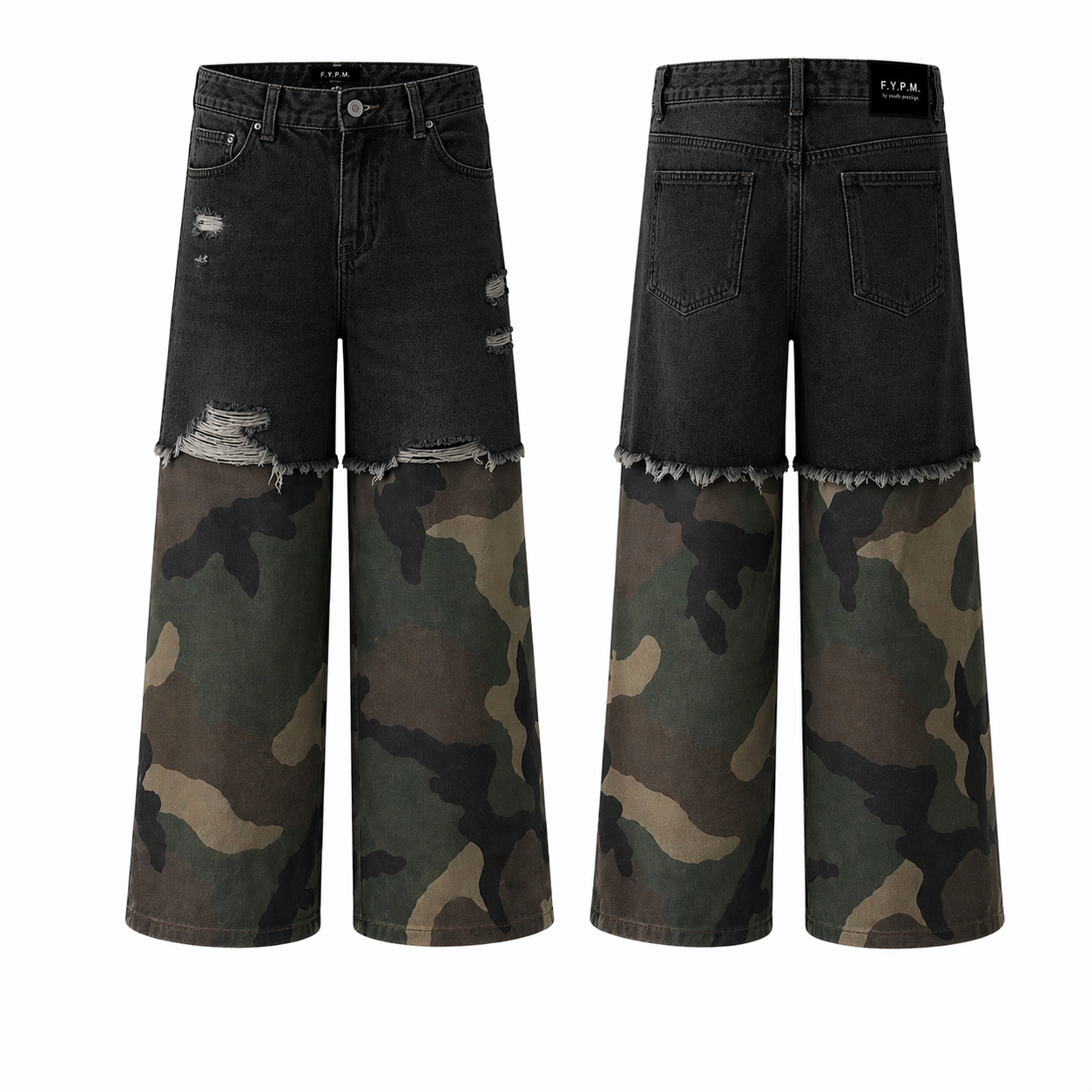 "Jungle" Camo Layered Pants - Washed Black Denim
