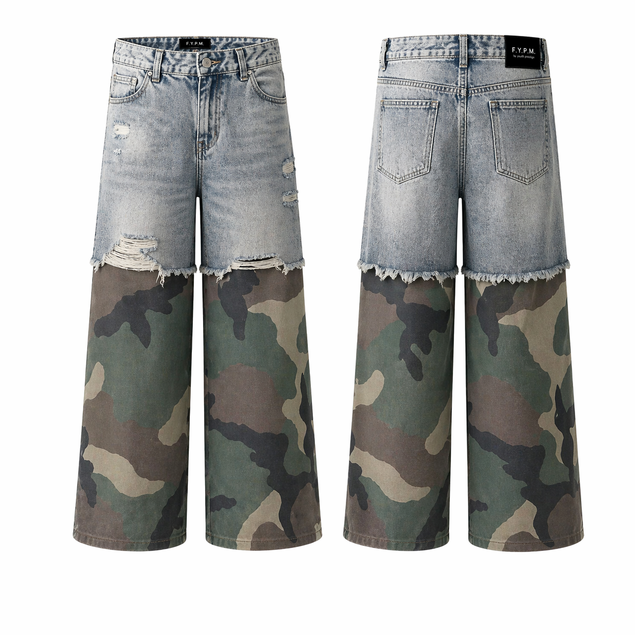 "Jungle" Camo Layered Pants - Washed Blue Denim