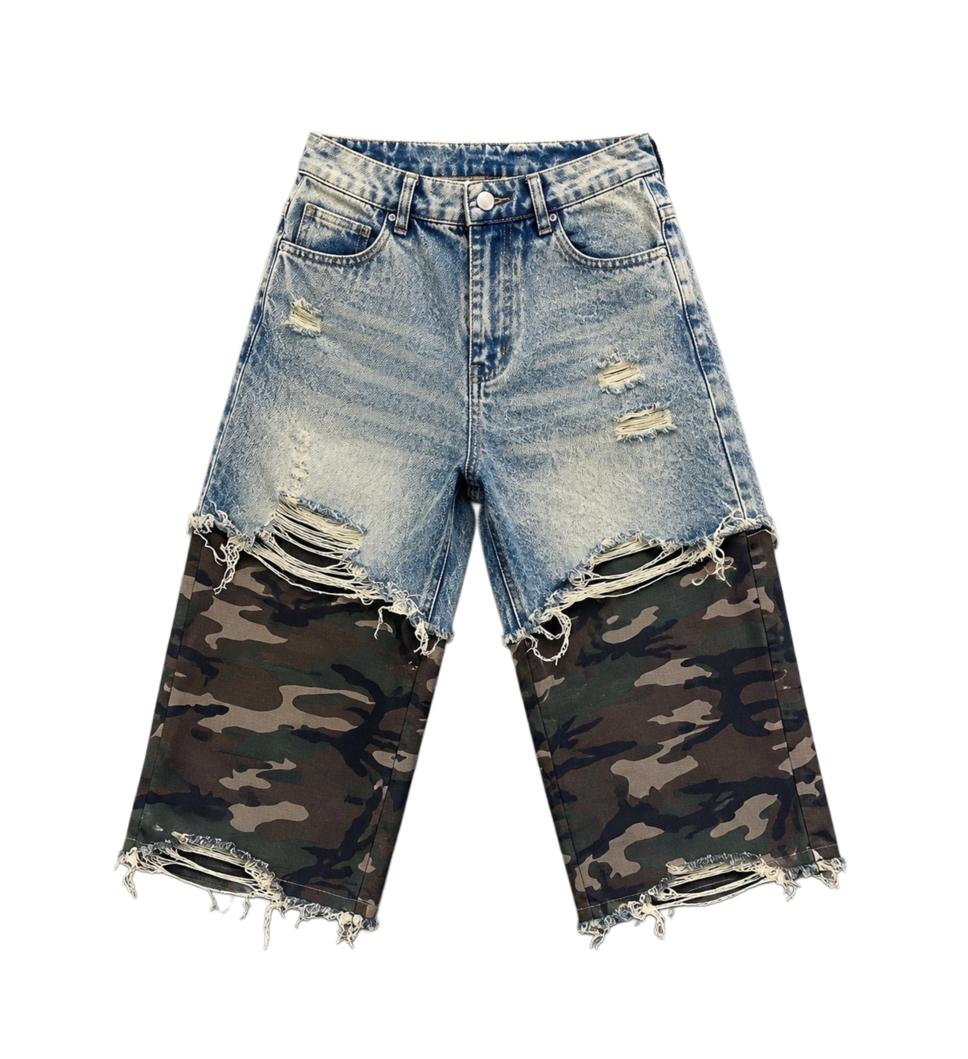 "Jungle" Camo Layered Shorts - Washed Blue Denim
