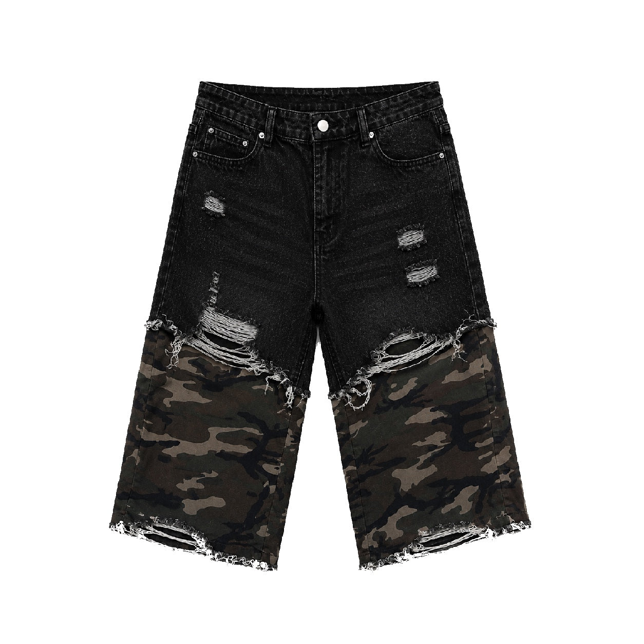"Jungle" Camo Layered Shorts - Washed Black Denim